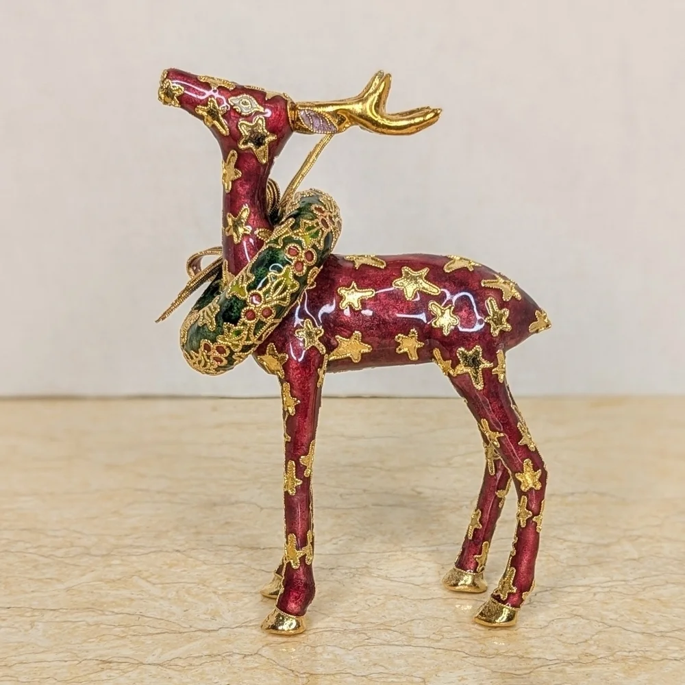 Vintage NYCO Cloisonne Enamel  Maroon Reindeer Gold Star Green Christmas Wreath